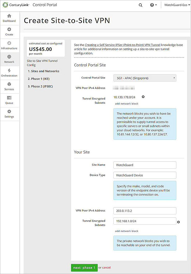 Screen shot of the Century Link Sites and Networks settings